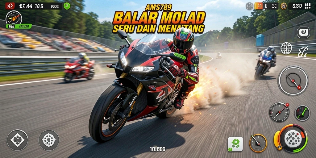 Screenshot utama AMS789 menunjukkan aksi balapan motor yang mendebarkan.