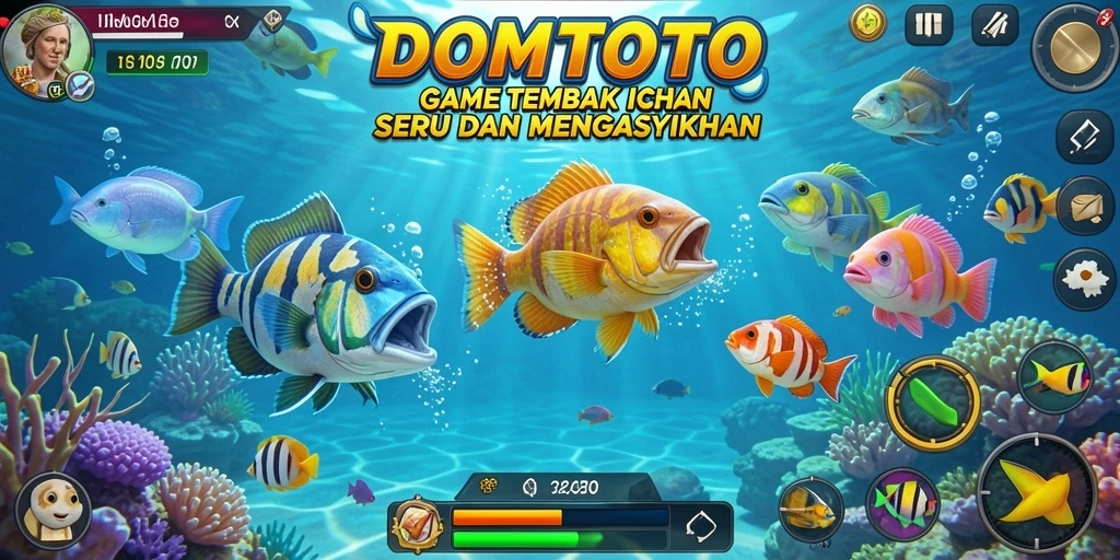 Screenshot gameplay DOMTOTO menampilkan aksi menembak ikan yang seru.