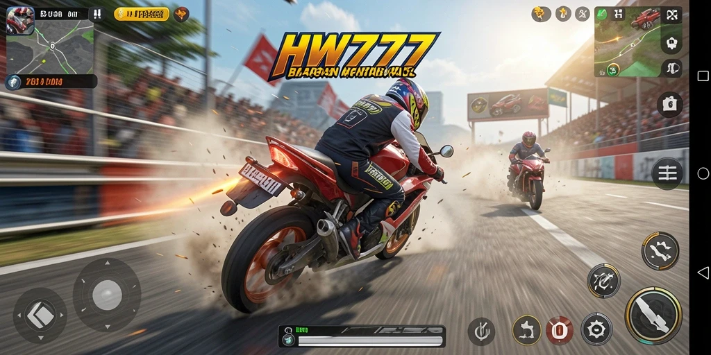 Tampilan gameplay HW777 dengan aksi balapan motor yang mendebarkan.