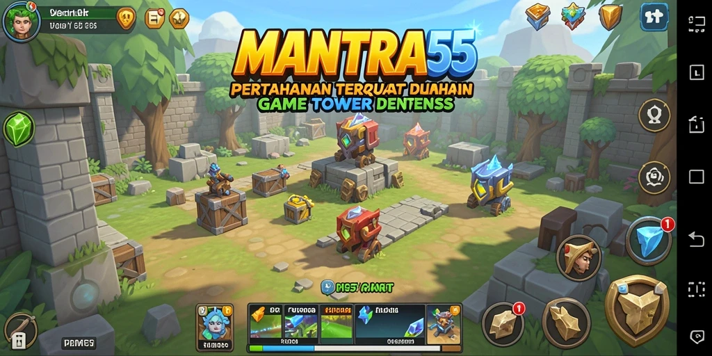 Screenshot gameplay <strong>MANTRA55</strong> menampilkan strategi Tower Defense yang menantang.
