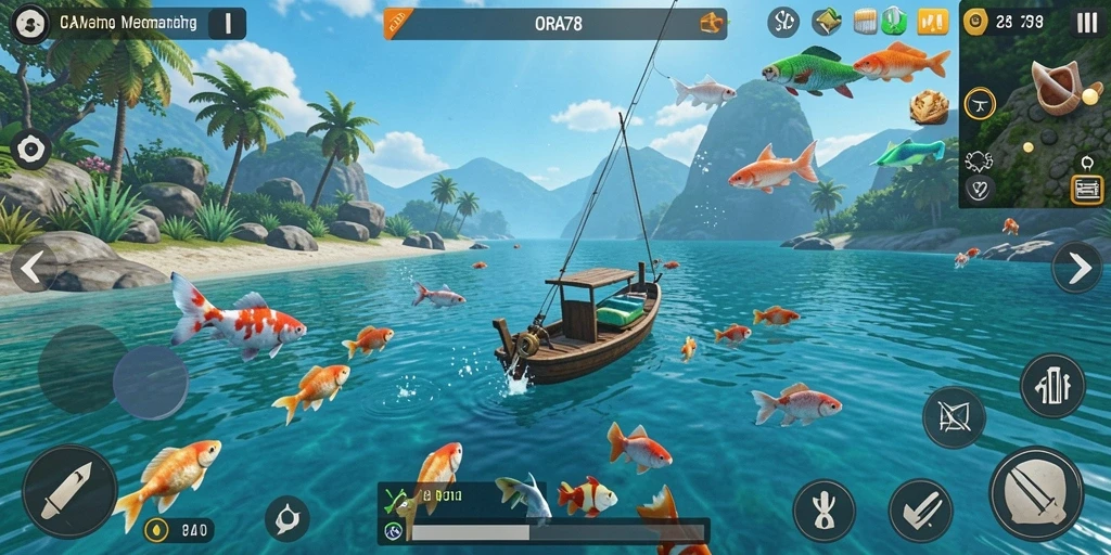 Screenshot gameplay ORA78 yang menggambarkan aksi memancing yang mendebarkan.