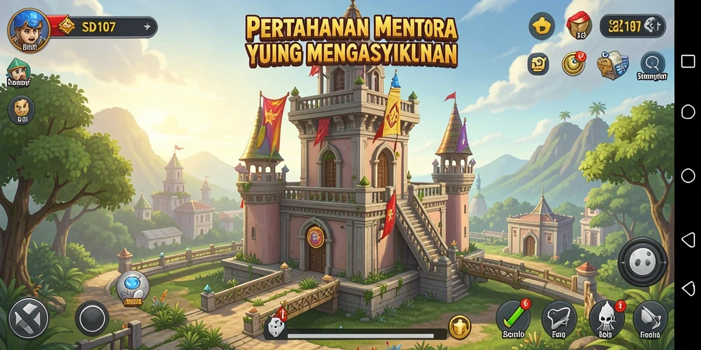 Screenshot gameplay SD107 menampilkan aksi menara pertahanan yang mendebarkan.